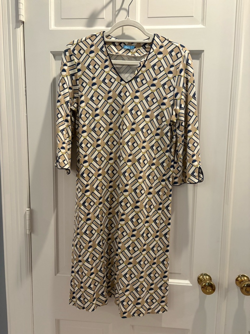 J. McLaughlin Beige and Navy Geometric Midi Dress